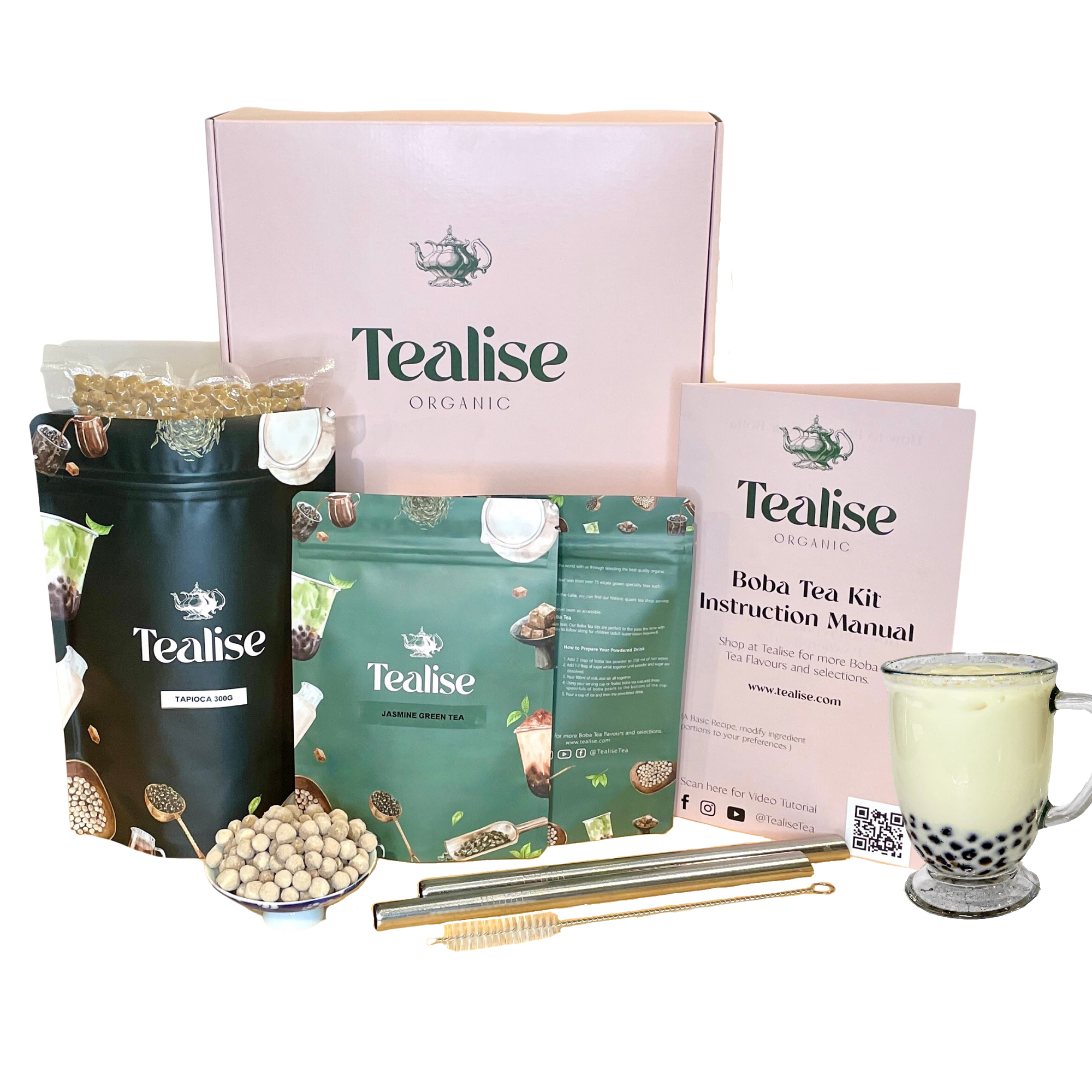 TEAliSe Boba Tea Kit Jasmine Green Tea Boba Jumbo Straws Tapioca Gift Set