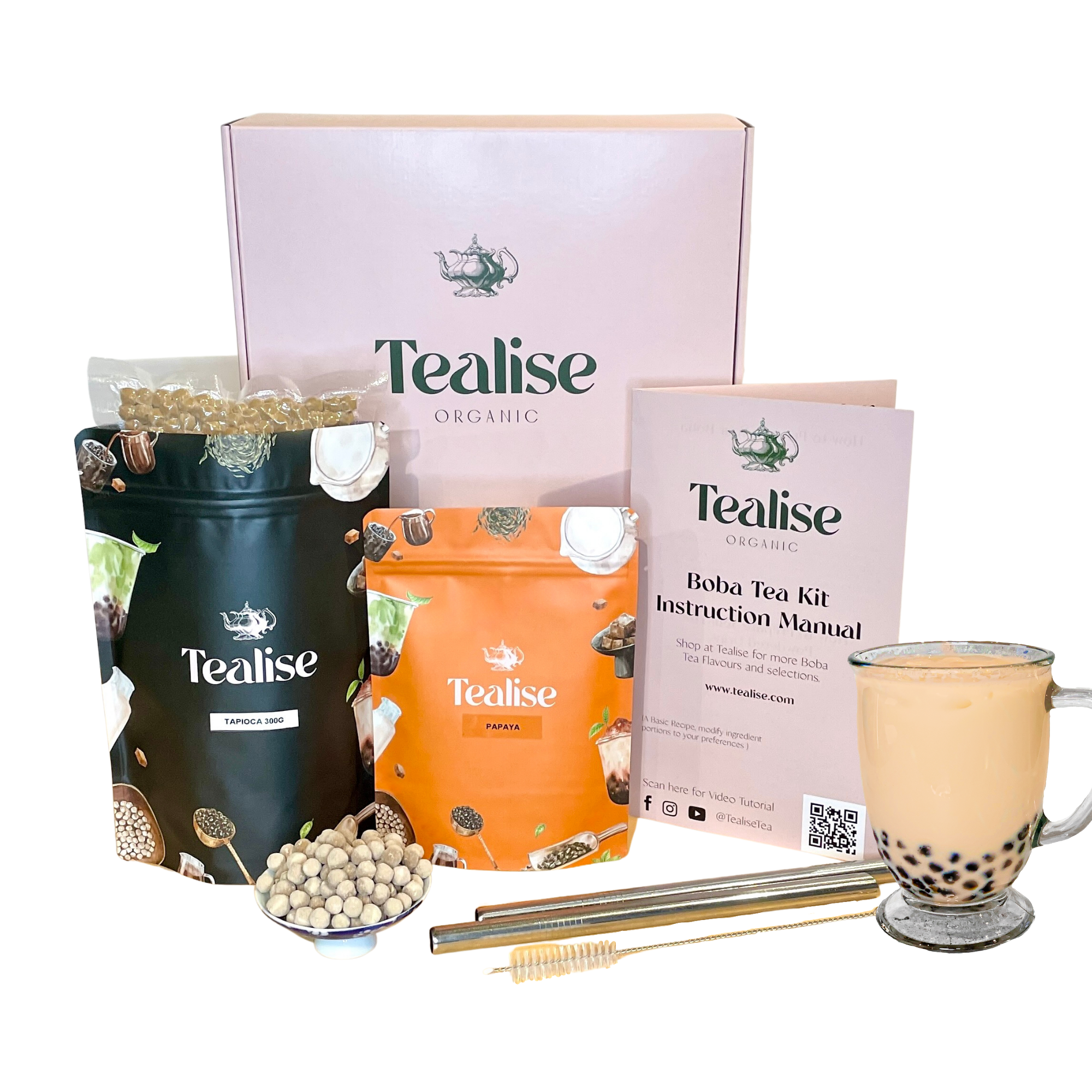 TEAliSe Boba Tea Kit Single Flavour Boba Jumbo Straws Tapioca Gift Set Papaya
